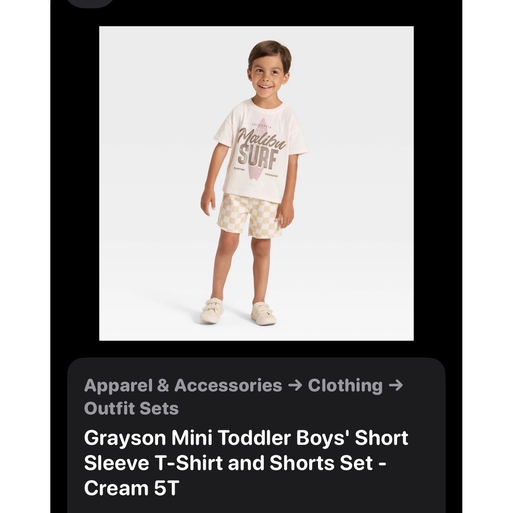 Grayson Mini Toddler Boys Malibu Surf T-Shirt and Checkered Shorts Set‎ Cream 5T